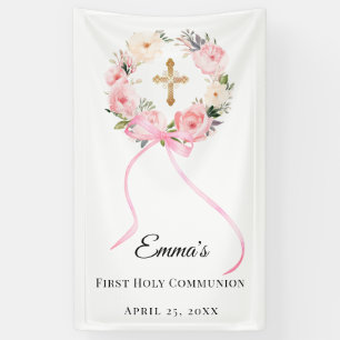 Pink floral wreath  First Holy Communion welcome Banner