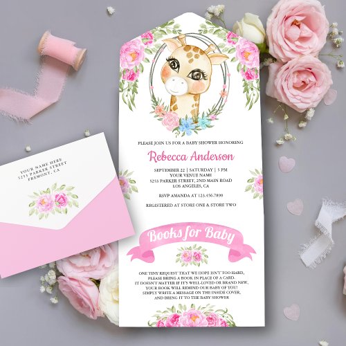 Pink Floral Wreath Giraffe Baby Shower All In One Invitation