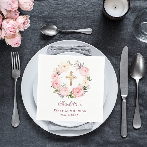 Pink floral wreath girl First Communion luncheon