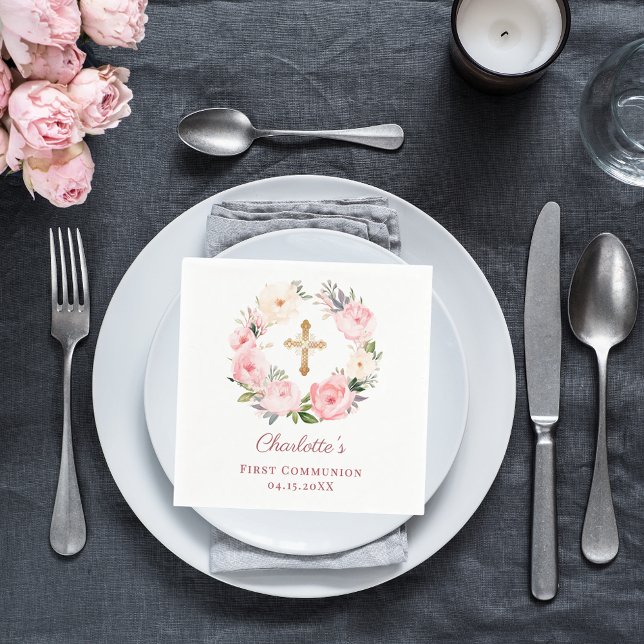 Pink floral wreath girl First Communion Napkins (Creator Uploaded)