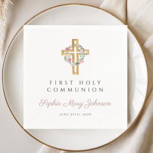 Pink Floral Wreath Girl First Communion Napkins