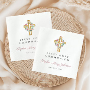 Pink Floral Wreath Girl First Communion Napkins