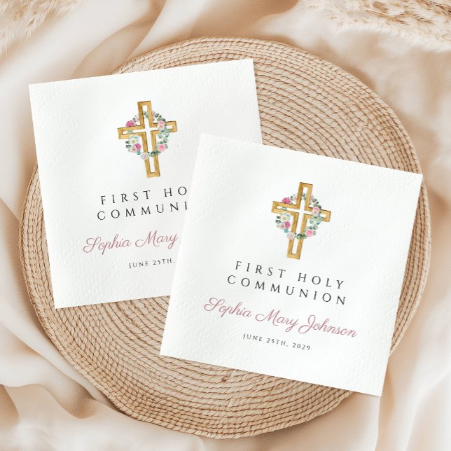 Pink Floral Wreath Girl First Communion  Napkins (Pink Floral Wreath Girl First Communion Napkins)