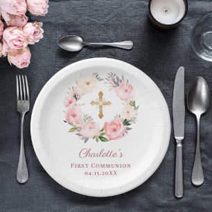 Pink floral wreath girl First Communion Paper Plates