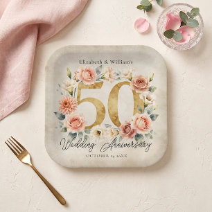 Pink Floral Wreath Gold 50th Wedding Anniversary Paper Plates