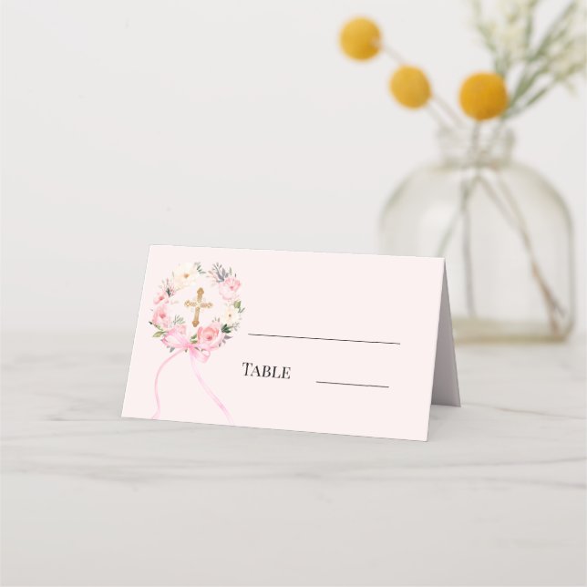 Pink floral wreath gold cross bow ribbon place card (Front)