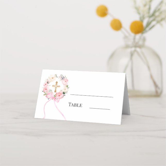 Pink floral wreath gold cross bow ribbon place card (Front)