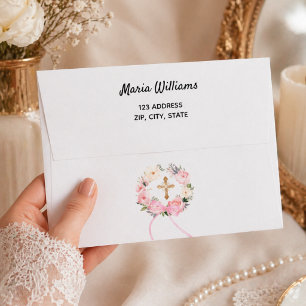 Pink floral wreath gold cross return address envelope