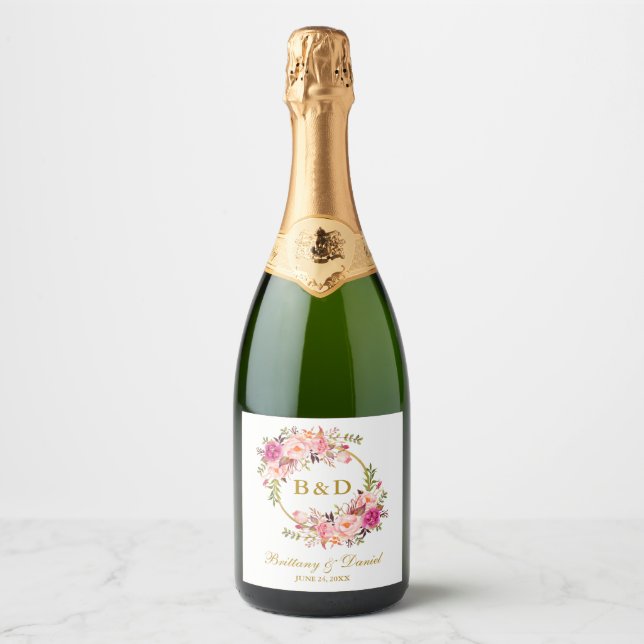 Pink Floral Wreath Gold Monogram Wedding Sparkling Wine Label (Front)