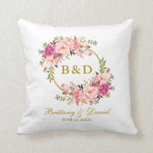 Pink Floral Wreath Gold Monogram Wedding Throw Pillow