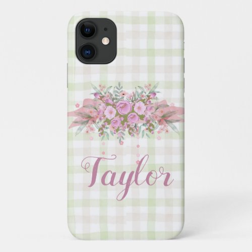 Pink Floral Wreath Green Gingham iPhone 11 Case