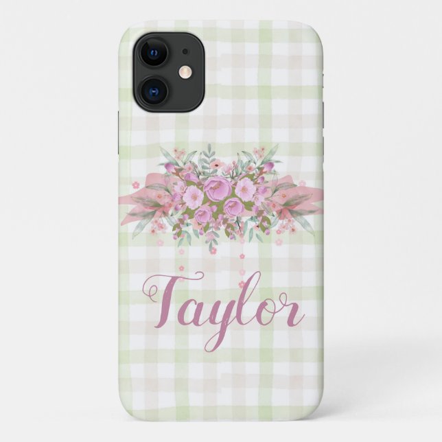 Pink Floral Wreath Green Gingham Case-Mate iPhone Case (Back)