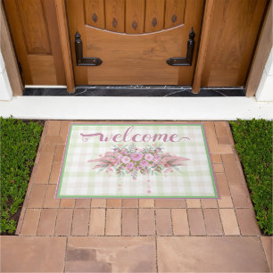 Pink Floral Wreath Green Gingham Doormat