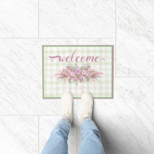 Pink Floral Wreath Green Gingham Doormat