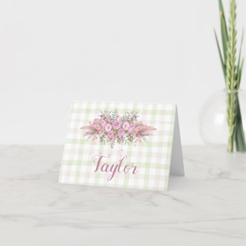 Pink Floral Wreath Green Gingham Thank You Card