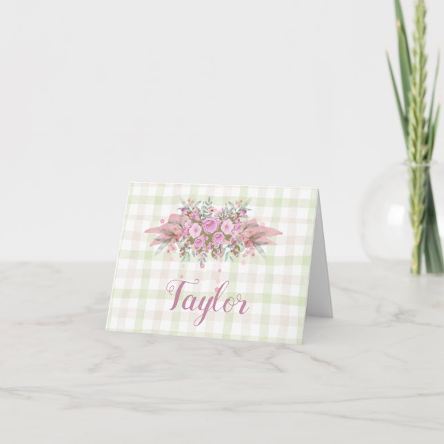 Pink Floral Wreath Green Gingham Thank You Card (Front)