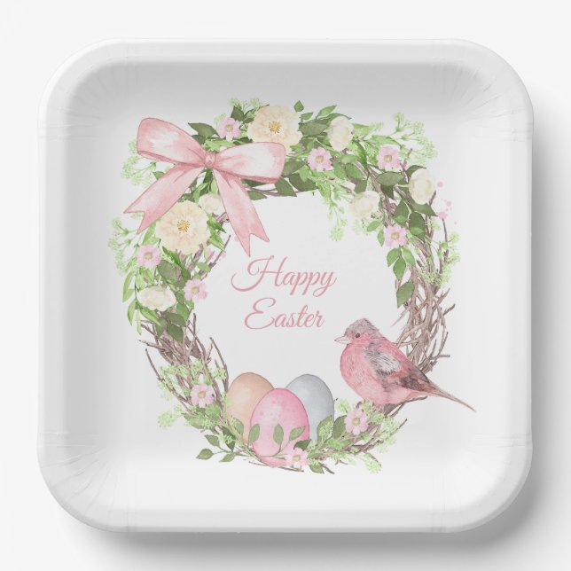 Pink Floral Wreath Happy Easter  Paper Plates (Front)