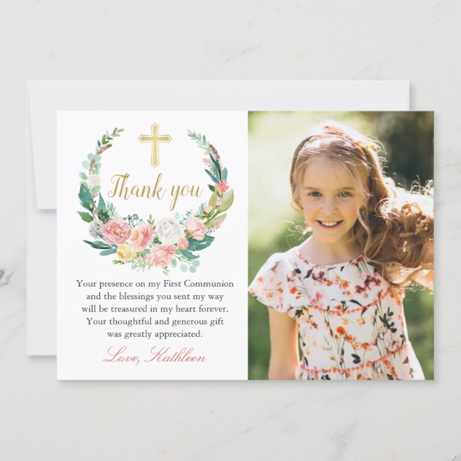 Pink Floral Wreath Holy Communion Thank you Card