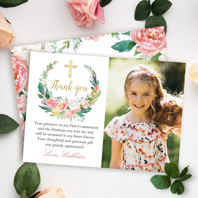 Pink Floral Wreath Holy Communion Thank you Card (Creator Uploaded)