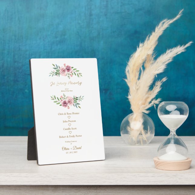 Pink Floral Wreath In Loving Memory Wedding Table Plaque (Side)