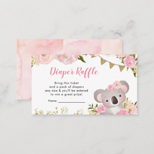 Pink Floral Wreath Koala Baby Shower Diaper Raffle Enclosure Card