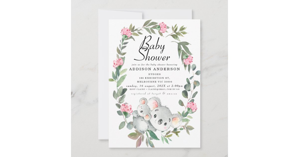 Pink Floral Wreath Koala Bear Baby Shower Invitation | Zazzle