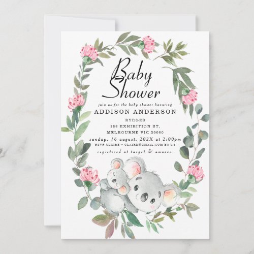 Pink Floral Wreath Koala Bear Baby Shower Invitation