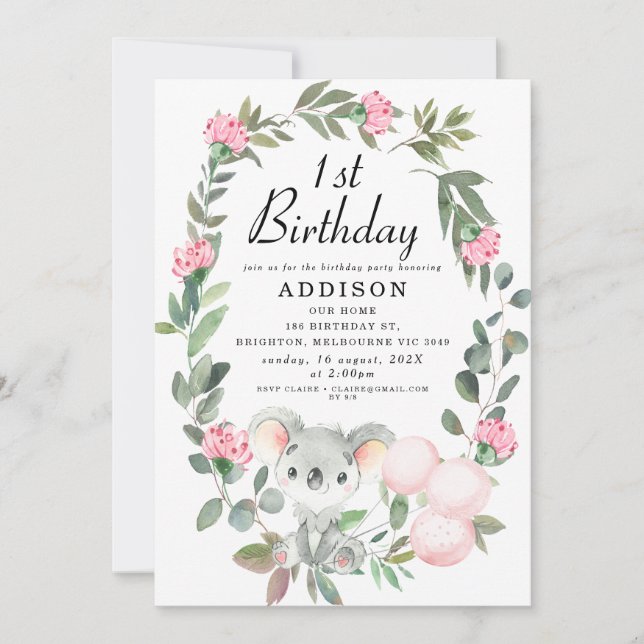 Pink Floral Wreath Koala Bear Birthday Invitation (Front)