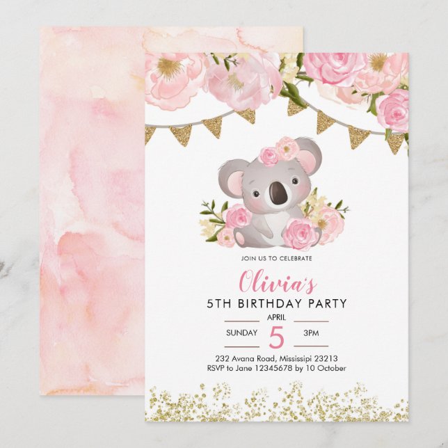 Pink Floral Wreath Koala Birthday Invitation (Front/Back)