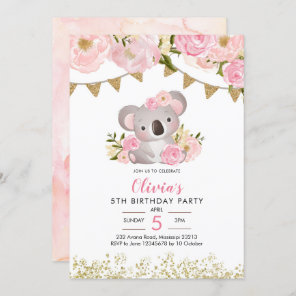Pink Floral Wreath Koala Birthday Invitation