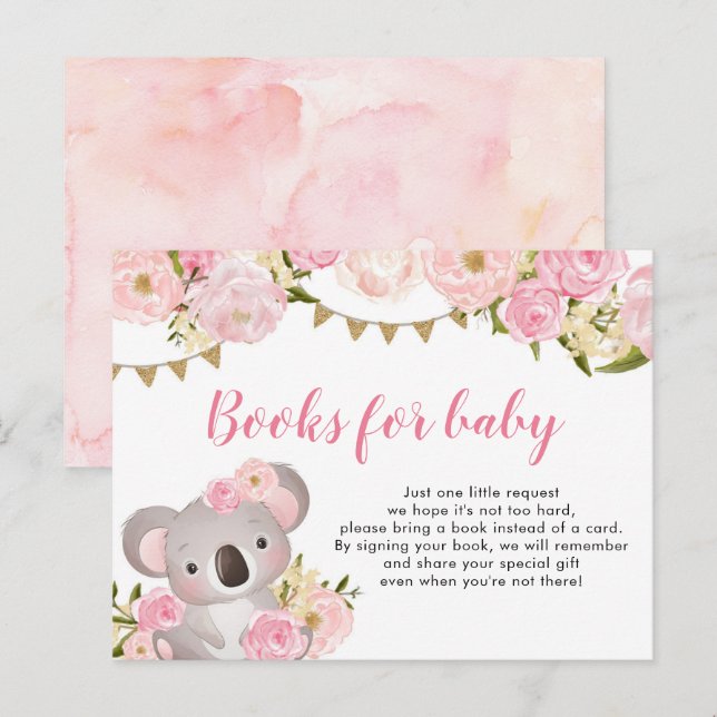 Pink Floral Wreath Koala Books For Baby Invitation Postcard (Front/Back)
