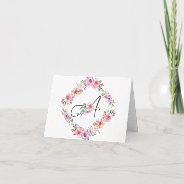 Pink Floral Wreath Letter A Notecard (Front)
