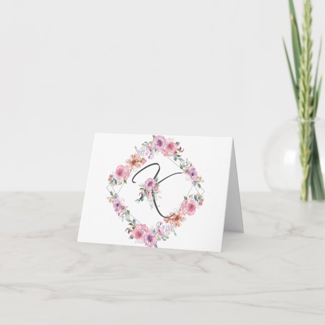 Pink Floral Wreath Letter K Note Card (Front)