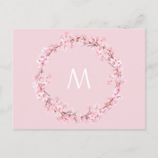 Pink floral wreath letter monogram postcard