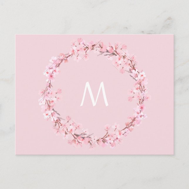 Pink floral wreath letter monogram postcard (Front)