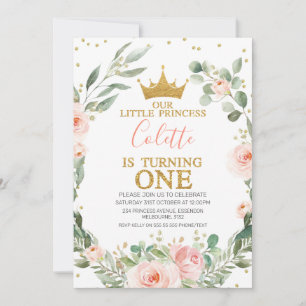 Pink Floral Wreath Little Princess 1st Birthday Invitation