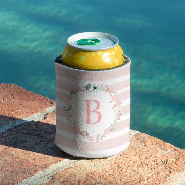 Pink Floral Wreath Monogram Can Cooler (In Situ Pool)