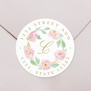 Pink Floral Wreath Monogram Return Address Classic Round Sticker