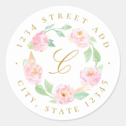 Pink Floral Wreath Monogram Return Address Classic Round Sticker