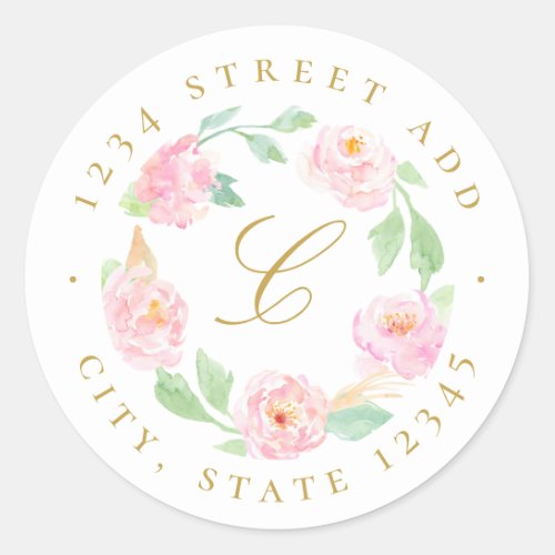 Pink Floral Wreath Monogram Return Address Classic Round Sticker