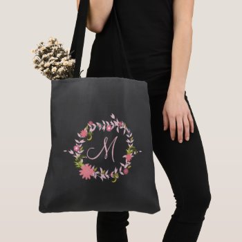 Pink Floral Wreath Monogram Tote Bag by MonogramBoutique at Zazzle