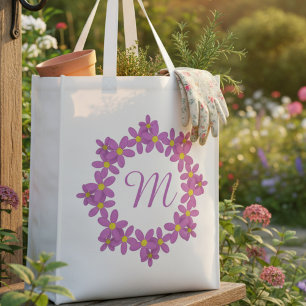 Pink Floral Wreath Monogrammed Grocery Bag