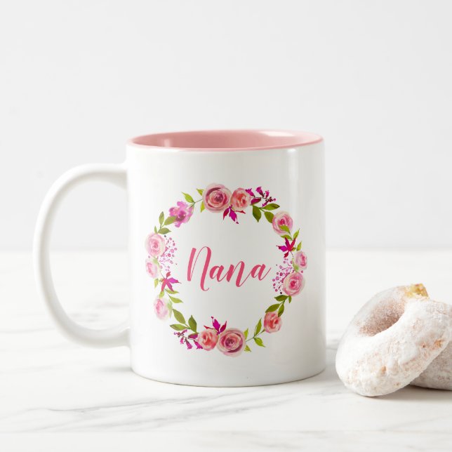 Pink Floral Wreath Mother's Day Gift for Nana Two-Tone Coffee Mug (With Donut)