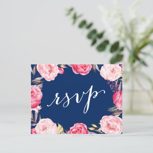 Pink Floral Wreath Navy Blue Wedding RSVP Reply Invitation Postcard Pink Floral Wreath Navy Blue Wedding RSVP Reply Invitation Postcard