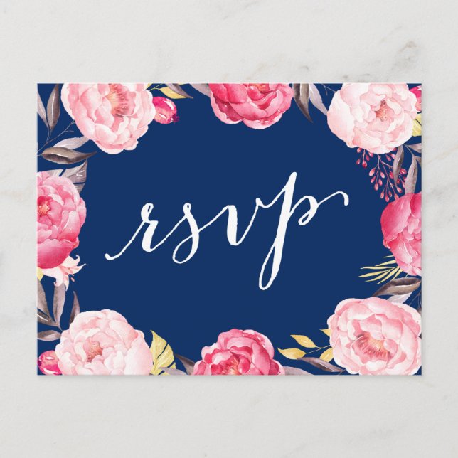 Pink Floral Wreath Navy Blue Wedding RSVP Reply Invitation Postcard (Front)