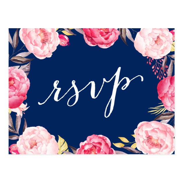 Pink Floral Wreath Navy Blue Wedding RSVP Reply Postcard