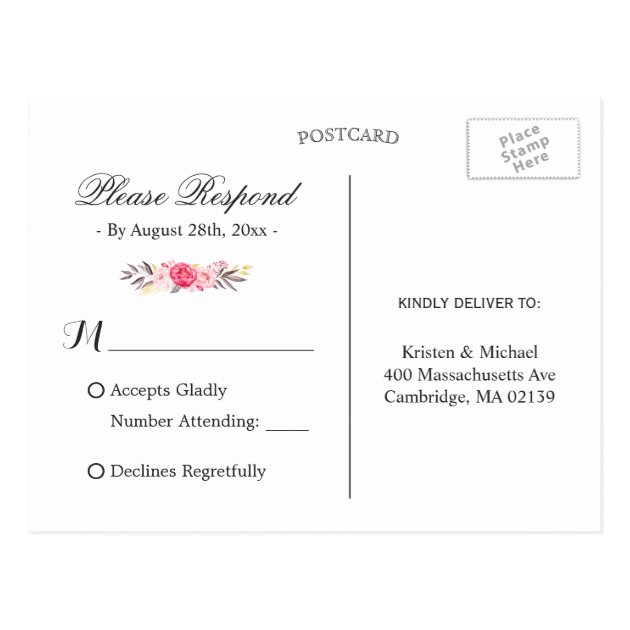Pink Floral Wreath Navy Blue Wedding RSVP Reply Postcard