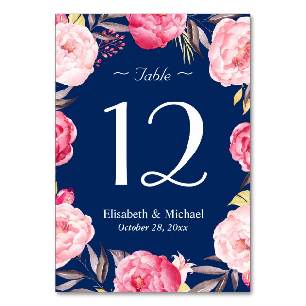 Pink Floral Wreath Navy Blue Wedding Table Number Card