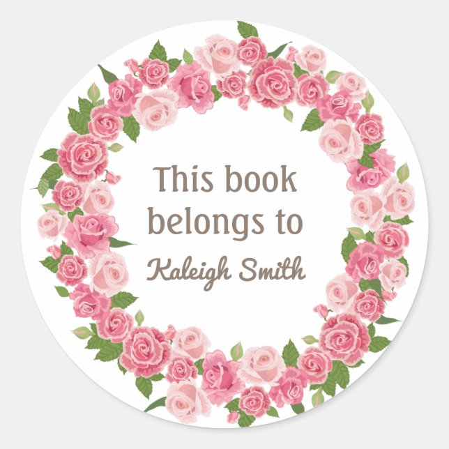 Pink Floral Wreath on White Book Name Plate Classic Round Sticker (Front)
