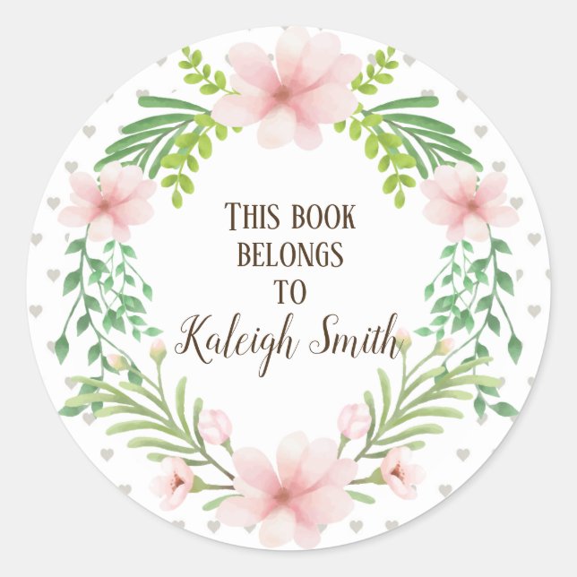 Pink Floral Wreath on White with Gray Hearts Classic Round Sticker (Front)